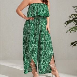 Plus Ditsy Floral Bardot Ruffle Trim Tulip Hem Tube Jumpsuit